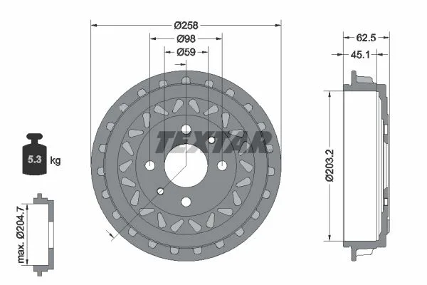 Fékdob Fiat T. 500 Electric 10- Csapágy Nélkül - TEXTAR (94050500)