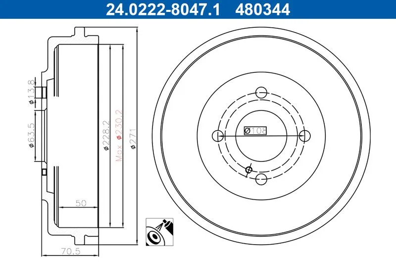 Fékdob Ford T. Tourneo/Transit 1,0/1,5-1,6 Tdci 14-23 - ATE (24.0222-8047.1)